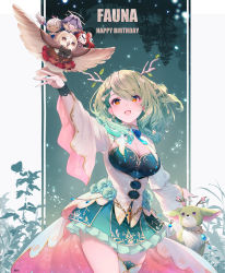 Rule 34 | 4girls, andychen, antlers, arm up, bird, blinking, blush, braid, breasts, ceres fauna, cleavage, dress, frilled skirt, frills, green hair, hair between eyes, hakos baelz, highres, holocouncil, hololive, hololive english, horns, large breasts, leaf, loose clothes, medium hair, multiple girls, nanashi mumei, nanashi mumei (owl), nemu (ceres fauna), ouro kronii, owl, skirt, smile, standing, thighhighs, tsukumo sana, virtual youtuber, wavy hair, white dress, yellow eyes