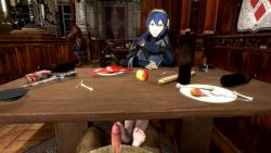 Rule 34 | 10s, 1girl, 3boys, 3d, animated, apple, arm support, armor, barefoot, blue bodysuit, blue cape, blue eyes, blue gloves, blue hair, blue tunic, bodysuit, bone, boots, bottle, bread, brown footwear, brown pants, cape, chair, close-up, coat, erection, eye contact, feet, fingerless gloves, fire emblem, fire emblem awakening, food, footjob, footjob under table, fork, fruit, gloves, hair between eyes, hairband, hand on face, hetero, highres, indoors, intelligent systems, lobster, long hair, long sleeves, looking at another, looking at viewer, lucina (fire emblem), mask, unworn mask, matching hair/eyes, meat, multiple boys, multiple views, nintendo, pants, penis, plate, ponkosfm, pov, public indecency, red coat, rubbing, short hair, shoulder armor, sitting, sleeping, soles, solo focus, source filmmaker (medium), standing, stealth, stealth sex, super smash bros., sword, table, tavern, toes, tunic, uncensored, under table, video, watching, weapon