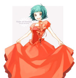 Rule 34 | 00s, 1girl, :d, alternate costume, brown eyes, character name, clothes lift, copyright name, dress, dress lift, farah oersted, flower, gown, green hair, highres, morisuke, open mouth, orange dress, orange flower, orange rose, rose, short hair, smile, solo, tales of (series), tales of eternia, white background