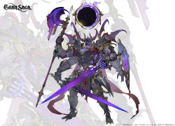 Rule 34 | 1boy, 2021, absurdres, armor, axe, colored skin, company name, copyright name, copyright notice, extra arms, fantasy, full body, gran saga, highres, holding, holding axe, holding sword, holding weapon, male focus, multiple views, official art, purple skin, standing, sword, weapon, yeon bom, zoom layer