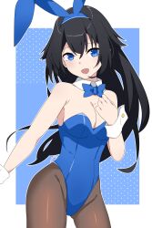 Rule 34 | 1girl, absurdres, animal ears, black hair, blue eyes, border, bow, bowtie, breasts, cleavage, commentary, detached collar, english commentary, girls&#039; frontline, gluteal fold, hand on own chest, highres, leotard, long hair, looking at viewer, medium breasts, outside border, pantyhose, playboy bunny, polka dot, polka dot background, rabbit ears, smile, solo, super sass (girls&#039; frontline), vanna, white border, wrist cuffs