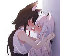 Rule 34 | 2girls, ahoge, animal ear fluff, animal ears, black hair, blush, closed eyes, commentary request, earrings, fox ears, fox girl, french kiss, hair between eyes, highres, holding hands, hololive, jewelry, kiss, long hair, long sleeves, multiple girls, ookami mio, ookami mio (street), open mouth, rururaroru, saliva, shirakami fubuki, shirakami fubuki (street), shirt, sidelocks, sleeveless, tongue, tongue out, virtual youtuber, white hair, white shirt, wolf ears, wolf girl, yuri