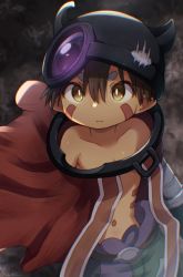 Rule 34 | 1boy, bright pupils, brown eyes, brown hair, cape, clant st, dark skin, facial mark, fake horns, hair between eyes, helmet, highres, horned helmet, horns, made in abyss, male focus, mechanical arms, navel, no shirt, pointy ears, red cape, regu (made in abyss), solo, standing, white pupils