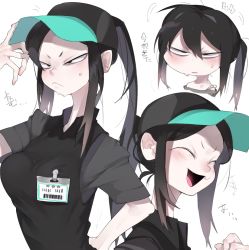 Rule 34 | 1girl, :d, ^ ^, bad id, bad pixiv id, baseball cap, black eyes, black hair, black hat, black vest, blush, breasts, closed eyes, closed mouth, constricted pupils, frown, g perarikku, grey shirt, hair between eyes, hand on headwear, hand on own hip, hat, large breasts, long hair, messy hair, multiple views, name tag, open mouth, original, pale skin, parted bangs, ponytail, sanpaku, shirt, short sleeves, sidelocks, simple background, smile, sweat, tongue, translation request, v-shaped eyebrows, vest, white background