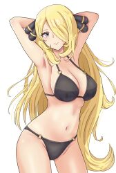 Rule 34 | 1girl, absurdres, armpits, arms behind head, arms up, bikini, black bikini, blonde hair, breasts, closed mouth, cowboy shot, creatures (company), cynthia (pokemon), game freak, grey eyes, hair ornament, hair over one eye, highres, large breasts, long hair, looking at viewer, maho (corotonton5150), navel, nintendo, pokemon, pokemon dppt, simple background, smile, solo, stomach, swimsuit, very long hair, white background