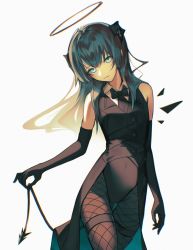 Rule 34 | 1girl, arknights, black gloves, black necktie, black pantyhose, blue eyes, blue hair, demon horns, demon tail, elbow gloves, female focus, fishnets, formal, gloves, halo, head tilt, highres, horns, leaning to the side, leotard, light smile, looking at viewer, mostima (arknights), necktie, pantyhose, simple background, sleeveless, solo, tail, tailcoat, thigh gap, thigh strap, veilrain, white background