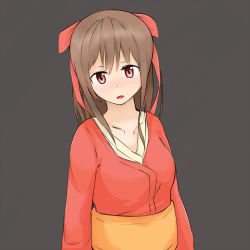 Rule 34 | 1girl, alternate costume, blush, brown hair, collarbone, grey background, hair ornament, hair ribbon, highres, himeno mikoto, japanese clothes, kaii shoukougun, kimono, looking at viewer, open mouth, red eyes, red ribbon, ribbon, ryos 01, sidelocks, simple background, solo, upper body