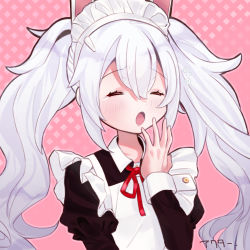 Rule 34 | 1girl, :o, ^ ^, ^o^, akutaa, alternate costume, azur lane, bow, bowtie, closed eyes, commentary request, enmaided, gradient background, hair between eyes, laffey (azur lane), long hair, long sleeves, maid, maid headdress, moaning, sidelocks, simple background, sleepy, solo, twintails, white hair, wrist cuffs