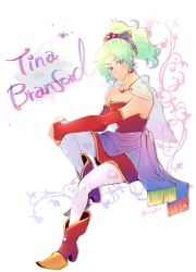 Rule 34 | 1girl, bare shoulders, bow, breasts, cape, closed mouth, detached sleeves, dress, earrings, final fantasy, final fantasy vi, green hair, jewelry, long hair, looking at viewer, pantyhose, ponytail, purple eyes, redace, ribbon, short hair, smile, solo, tina branford