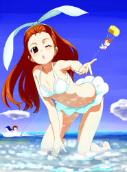 Rule 34 | 1girl, barefoot, bikini, bikini skirt, bow, brown eyes, brown hair, cloud, day, face, foreshortening, hair bow, idolmaster, idolmaster (classic), kneeling, long hair, minase iori, ocean, one eye closed, outstretched arm, outstretched hand, pettan p, sky, solo, swimsuit, wink