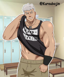 Rule 34 | armpits, arms up, axel (danshin), bara, face, facing viewer, highres, kuroubojin, lineart, male focus, muscular, muscular male, non-web source, self-upload, smile, thick eyebrows, thick thighs, thighs, white hair, yaoi, yellow eyes