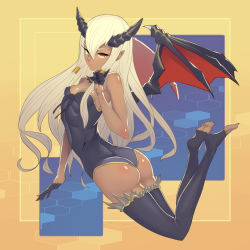 Rule 34 | 1girl, arched back, ass, bad id, bad pixiv id, barefoot, black gloves, black thighhighs, blonde hair, breasts, commentary request, copyright request, dark-skinned female, dark skin, demon girl, demon wings, detached collar, feet, full body, gloves, hair between eyes, horns, kazto furuya, leotard, long hair, looking at viewer, orange eyes, pointy ears, shiny skin, small breasts, soles, solo, thighhighs, toeless legwear, toes, very long hair, wings