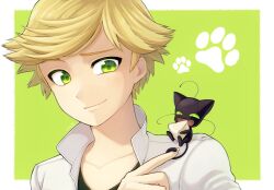 Rule 34 | 1boy, adrien agreste, animal hands, blonde hair, chat noir, cheese, closed mouth, eating, food, green eyes, highres, hm89509321, jacket, male focus, miraculous ladybug, open mouth, short hair, smile, white jacket
