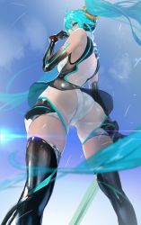 Rule 34 | 1girl, aqua eyes, aqua hair, ass, bare shoulders, cameltoe, elbow gloves, from below, gloves, goodsmile company, goodsmile racing, hatsune miku, headphones, highres, leotard, long hair, looking at viewer, looking back, race queen, racing miku, racing miku (2011), see-through, solo, thighhighs, twintails, very long hair, vocaloid, yd (orange maru)