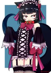 Rule 34 | 1girl, animal ears, bare shoulders, black hair, blue background, blunt bangs, cat ears, cat tail, collar, garter straps, mikagura, original, red eyes, sleeves past fingers, sleeves past wrists, solo, standing, tail, thick eyebrows, thighhighs, twitter username, wavy mouth