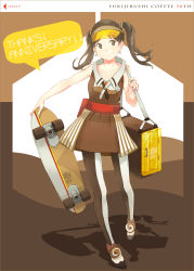 Rule 34 | 1girl, bad id, bad pixiv id, brown eyes, brown hair, brown theme, copyright name, dress, earrings, fashion, full body, highres, holding, holding skateboard, jewelry, original, pantyhose, skateboard, smile, solo, standing, thank you, twintails, yoshito