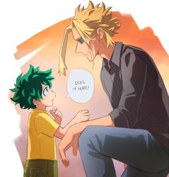Rule 34 | 2boys, aged down, all might, alternate costume, black hair, black shirt, blonde hair, blue eyes, blue pants, blue sclera, boku no hero academia, child, colored sclera, commentary, english commentary, english text, eye contact, from side, green eyes, green hair, highres, looking at another, looking up, male focus, midoriya izuku, multicolored background, multiple boys, on one knee, open mouth, orange background, pants, profile, shirt, short hair, sitting, smile, speech bubble, trevo (trevoshere), yagi toshinori, yellow shirt