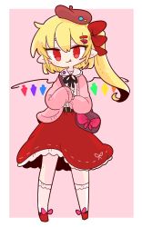 Rule 34 | 1girl, blonde hair, bow, chibi, eyebrows hidden by hair, fang, fang out, flandre scarlet, full body, hair ornament, hairclip, hat, highres, legs apart, long hair, long sleeves, looking at viewer, op na yarou, pink background, pointy ears, red bow, red eyes, red footwear, red skirt, ribbon, shirt, simple background, skirt, sleeves past wrists, smile, socks, solo, touhou, white socks, wings