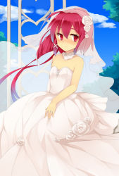 Rule 34 | 10s, 1girl, bad id, bad pixiv id, blush, bridal veil, dress, hukasikasi, i-168 (kancolle), jewelry, kantai collection, red eyes, red hair, ring, short hair with long locks, smile, solo, strapless, strapless dress, veil, wedding band, wedding dress