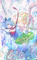 Rule 34 | 1girl, :q, blue eyes, blue hair, bow, cherry, cirno, cyasha, dress, drink, drinking straw, food, fruit, glint, hair bow, highres, ice, ice cream, ice cream float, looking at viewer, mini person, minigirl, mint, puffy short sleeves, puffy sleeves, short sleeves, socks, solo, sparkle, sprinkles, tongue, tongue out, touhou, white socks, wings