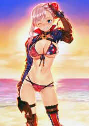 Rule 34 | 1girl, absurdres, american flag bikini, american flag print, asymmetrical hair, asymmetrical legwear, beach, bikini, blue eyes, breasts, bun cover, cleavage, commentary request, fate/grand order, fate (series), flag print, grin, highres, large breasts, long hair, looking at viewer, matsuryuu, miyamoto musashi (fate), miyamoto musashi (fate/grand order), miyamoto musashi (swimsuit berserker) (fate), miyamoto musashi (swimsuit berserker) (second ascension) (fate), navel, ocean, one eye closed, outdoors, pink hair, print bikini, shrug (clothing), smile, solo, standing, sunset, swimsuit, thigh strap, uneven legwear