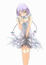 Rule 34 | 1girl, acquire, akiba&#039;s trip, azukilib, bare shoulders, between legs, blue bow, blue ribbon, blush, bow, braid, collarbone, dress, embarrassed, female focus, flat chest, green eyes, hair between eyes, hair bow, hand between legs, hand on own chest, hand up, have to pee, legs together, long hair, looking at viewer, nose blush, one eye closed, open mouth, peeing, peeing self, purple hair, ribbon, simple background, sleeveless, sleeveless dress, solo, spaghetti strap, standing, sweat, thigh gap, tokikaze shizuku, twin braids, wet, wet clothes, white background, white dress