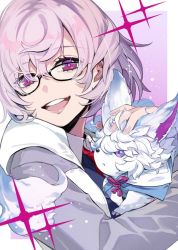 Rule 34 | 1girl, :d, black-framed eyewear, blue shirt, bright pupils, collared shirt, creature, fate/grand order, fate (series), fou (fate), glasses, holding, holding creature, hood, hooded jacket, jacket, looking at viewer, mash kyrielight, necktie, open clothes, open jacket, open mouth, pink hair, pokimari, purple eyes, round teeth, shirt, short hair, smile, solo, teeth, upper teeth only, white pupils
