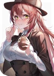 Rule 34 | 1girl, absurdres, azur lane, blush, breasts, brown coat, brown hat, closed mouth, coat, food, hat, highres, holding, holding food, kabi (zcwd8845), long hair, looking at viewer, medium breasts, official alternate costume, red hair, solo, upper body, volga (an irresistible ar adventure) (azur lane), volga (azur lane), white background, yellow eyes