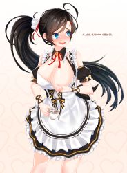 Rule 34 | 1girl, absurdres, apron, bad id, bad pixiv id, black hair, blue eyes, blush, breasts, closers, gradient background, highres, huge breasts, korean text, lactating into container, lactation, long hair, maid, maid apron, narynn, nipples, ponytail, smile, solo, yuri seo