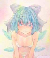 Rule 34 | 1girl, bikini, blue eyes, blue hair, bow, breasts, cirno, collarbone, front-tie bikini top, front-tie top, hair bow, highres, ice, ice wings, leaning forward, looking at viewer, matching hair/eyes, navel, painting (medium), pink background, short hair, small breasts, solo, swimsuit, touhou, traditional media, upper body, watercolor (medium), white bikini, wings, yuyu (00365676)