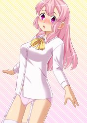 Rule 34 | 1girl, blush, bow, bowtie, breasts, cowboy shot, dutch angle, embarrassed, female focus, garter straps, gradient background, highres, lingerie, long hair, long sleeves, looking at viewer, medium breasts, nose blush, open mouth, original, panties, pink eyes, pink hair, pink panties, school uniform, shirt, simple background, solo, standing, thighhighs, underwear, white shirt, white thighhighs, yellow bow, yellow bowtie, zegga
