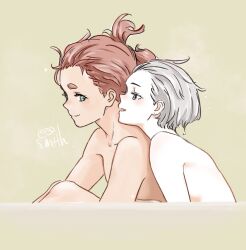 Rule 34 | 0321smith, 2girls, artist name, blue eyes, closed mouth, commentary request, green background, grey eyes, gundam, gundam suisei no majo, hair up, miorine rembran, multiple girls, nude, profile, red hair, same-sex bathing, shared bathing, short hair, smile, suletta mercury, thick eyebrows, white hair, yuri