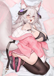 animal_ears bed breasts commission fraeya_(vtuber) glasses highres horns indie_virtual_youtuber large_breasts mayuri_kaichou messy miniskirt pale_skin shoulder_tattoo skirt tail tattoo thighhighs virtual_youtuber wolf_ears wolf_tail