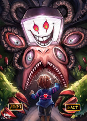 Rule 34 | androgynous, arm up, back, black shorts, blue sweater, brown hair, clenched hand, dated, eldritch abomination, evil smile, extra eyes, flowey (undertale), frisk (undertale), gender request, glowing, heart, highres, holding, holding weapon, k ptn, knife, long sleeves, looking at another, monster, open mouth, photoshop flowey, plant, sharp teeth, short hair, shorts, signature, size difference, smile, spoilers, standing, striped clothes, striped sweater, sweater, teeth, thorns, undertale, weapon