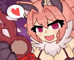 Rule 34 | 1girl, :3, animal ears, animal hands, bikini, blush, breasts, claws, cleavage, cum, heart, large breasts, looking at viewer, manticore (monster girl encyclopedia), monster girl, monster girl encyclopedia, open mouth, pink hair, purple background, purple eyes, ribbon, solo, swimsuit, tail