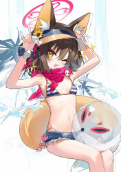 Rule 34 | 1girl, animal ear fluff, animal ears, arms up, ball, beachball, bikini, bikini under clothes, blue archive, blue bikini, blue shorts, blush, breasts, brown hair, commentary, denim, denim shorts, double fox shadow puppet, fang, feet out of frame, flower, fox ears, fox girl, fox print, fox shadow puppet, fox tail, hair between eyes, hair flower, hair ornament, halo, hat, highres, izuna (blue archive), izuna (swimsuit) (blue archive), measho, navel, one eye closed, open mouth, pink halo, pink scarf, scarf, scrunchie, short hair, short shorts, shorts, sitting, skin fang, small breasts, solo, sparkle, striped bikini, striped clothes, swimsuit, tail, visor cap, wrist scrunchie, yellow eyes, yellow flower