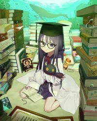 Rule 34 | 1girl, absurdres, air bubble, book, book stack, bubble, child, closed mouth, dress, expressionless, fish, glasses, hat, highres, holding, holding stuffed toy, hood, hugging object, kneeling, lab coat, long hair, looking at viewer, matsu bokkuri, mortarboard, original, purple dress, purple eyes, purple hair, seiza, sitting, solo, stuffed toy, toy, trophy, underwater, water, whale
