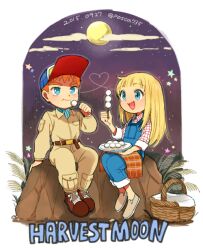 Rule 34 | 1boy, 1girl, :d, ;t, arm support, basket, belt, blonde hair, blue eyes, blue overalls, blue pants, blush, bokujou monogatari, boots, border, brown belt, brown footwear, brown jumpsuit, claire (bokujou monogatari), closed mouth, cloud, collared shirt, commentary request, copyright name, dango, eating, food, full moon, gray (bokujou monogatari), hat, heart, holding, holding food, holding plate, jumpsuit, long hair, long sleeves, moon, night, night sky, open mouth, orange hair, outdoors, outside border, overalls, pants, plant, plate, posca, red shirt, rock, shirt, shoes, short hair, sitting, sitting on rock, sky, sleeves rolled up, smile, star (sky), starry sky, thick eyebrows, wagashi, white border, white shirt, wing collar