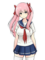 Rule 34 | 1girl, blouse, blue eyes, blue skirt, blush, bow, breasts, collarbone, commentary request, hair bow, haramura nodoka, kiyosumi school uniform, large breasts, long hair, looking at viewer, miniskirt, nasunael, neckerchief, pink hair, pleated skirt, red bow, sailor collar, saki (manga), school uniform, serafuku, shirt, simple background, skirt, smile, solo, thick thighs, thighhighs, thighs, twintails, white background, white shirt, white thighhighs