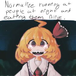 Rule 34 | 1girl, absurdres, ahoge, blonde hair, collared shirt, commentary, english commentary, english text, gif caption (meme), hair between eyes, hair ribbon, highres, iesonatana, looking at viewer, medium hair, meme, necktie, normalize x (meme), open mouth, red eyes, red necktie, red ribbon, ribbon, rumia, sharp teeth, shirt, smile, solo, straight-on, tareme, teeth, touhou, upper body, white shirt