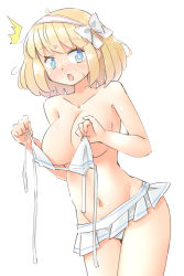 Rule 34 | 1girl, ^^^, alice margatroid, arnest, bikini, bikini skirt, bikini top only, unworn bikini top, blonde hair, blue eyes, blush, bow, breasts, collarbone, groin, hair bow, hairband, highres, holding, holding bikini, holding bikini top, holding clothes, holding swimsuit, large breasts, looking at viewer, navel, nose blush, notice lines, open mouth, short hair, solo, surprised, sweatdrop, swimsuit, thighs, topless, touhou, white background, white bikini, white bow