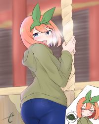 Rule 34 | &gt; &lt;, 1girl, :d, ass, blue eyes, blue pants, blurry, blurry background, blush, breath, closed eyes, closed mouth, commentary request, denim, depth of field, eyebrows hidden by hair, flying sweatdrops, go-toubun no hanayome, green hoodie, green ribbon, hair ribbon, highres, hood, hood down, hoodie, jeans, kujou karasuma, looking at viewer, looking back, nakano yotsuba, open mouth, orange hair, pants, ribbon, signature, smile, sneezing, spoken clothes