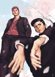 Rule 34 | 2boys, black hair, cherry blossoms, day, feet out of frame, from below, gakuran, hands in pockets, highres, k05062688, looking at viewer, male focus, mito youhei, multiple boys, outdoors, pompadour, red hair, sakuragi hanamichi, school uniform, slam dunk (series), smile