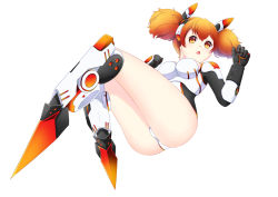 Rule 34 | 10s, 1girl, ass, breasts, covered navel, divine gate, hair between eyes, kikai musume, leotard, long hair, looking at viewer, mecha musume, medium breasts, open mouth, orange eyes, orange hair, shiny skin, shiranui (divine gate), shiranui (kikai musume), short twintails, simple background, solo, teo (teorekka), twintails, white background