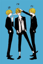 Rule 34 | 1boy, age progression, blonde hair, blood, blue background, formal, full body, hair over one eye, male focus, multiple persona, nanashima (noisy13), one piece, sanji (one piece), solo, standing, suit, torn clothes
