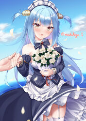 Rule 34 | 1girl, absurdres, apron, artist name, azur lane, bare shoulders, blue dress, blue hair, bouquet, clam shell, commentary request, cowboy shot, detached sleeves, dress, fake antlers, flower, frilled hairband, frills, garter straps, hairband, highres, holding, holding bouquet, long hair, long sleeves, looking at viewer, maid headdress, makihige, neptune (azur lane), rose, shell hair ornament, solo focus, thighhighs, white apron, white flower, white garter straps, white rose, white thighhighs, yellow eyes