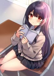 Rule 34 | 1girl, black hair, black skirt, blush, book, brown cardigan, cardigan, chair, closed mouth, collared shirt, commentary request, desk, highres, holding, holding book, long hair, looking at viewer, minami saki, original, pleated skirt, purple hair, red eyes, school chair, school desk, school uniform, shirt, sitting, skirt, solo, sunlight, thighs, uniform, white shirt, window