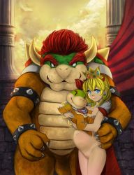 Rule 34 | 1girl, 2boys, age difference, armlet, blonde hair, blue eyes, bowser, bowser jr., bracelet, grabbing another&#039;s breast, brown hair, claws, cleft of venus, closed mouth, commission, cowboy shot, crown, earrings, facing viewer, family, fang, fang out, grabbing, hair between eyes, highres, holding, horns, jewelry, legs together, looking at viewer, looking to the side, mario (series), multiple boys, navel, necklace, nintendo, nude, pregnant, princess peach, pussy, red hair, robert knight, smile, spiked bracelet, spikes, standing, star (symbol), star necklace, stomach, super mario bros. 1, teeth, thick eyebrows, uncensored