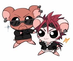 Rule 34 | &gt;:), 2boys, absurdres, alternate universe, animal, animal ears, black necktie, black shirt, black suit, closed mouth, collared shirt, crossover, earrings, facial hair, facial mark, final fantasy, final fantasy vii, formal, goggles, goggles on head, hamster, hamster ears, hamtaro (series), highres, holding, holding weapon, hoop earrings, jewelry, lightning bolt symbol, male focus, messy hair, multiple boys, necktie, ponytail, red hair, reno (ff7), rude (ff7), serious, shirt, silver earrings, suit, sunglasses, ttnoooo, v-shaped eyebrows, weapon, white background, white shirt