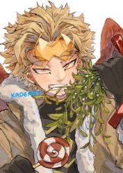 Rule 34 | 1boy, artist name, biting, black gloves, blonde hair, boku no hero academia, brown jacket, candy, commentary, earrings, english commentary, facial hair, facial mark, feathered wings, food, fur-trimmed gloves, fur-trimmed jacket, fur trim, gloves, goggles, goggles on head, half-closed eyes, hawks (boku no hero academia), holding, holding candy, holding food, holding lollipop, holding mistletoe, jacket, jewelry, kadeart, lollipop, looking at viewer, making-of available, male focus, mistletoe, orange eyes, paid reward available, procreate (medium), red wings, short hair, simple background, solo, stubble, swirl lollipop, tinted eyewear, upper body, white background, wings, yellow-tinted eyewear